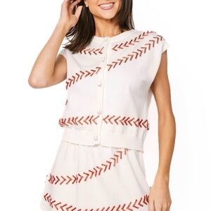 QOS White & Red Beaded Baseball Stitch Button Up Vest